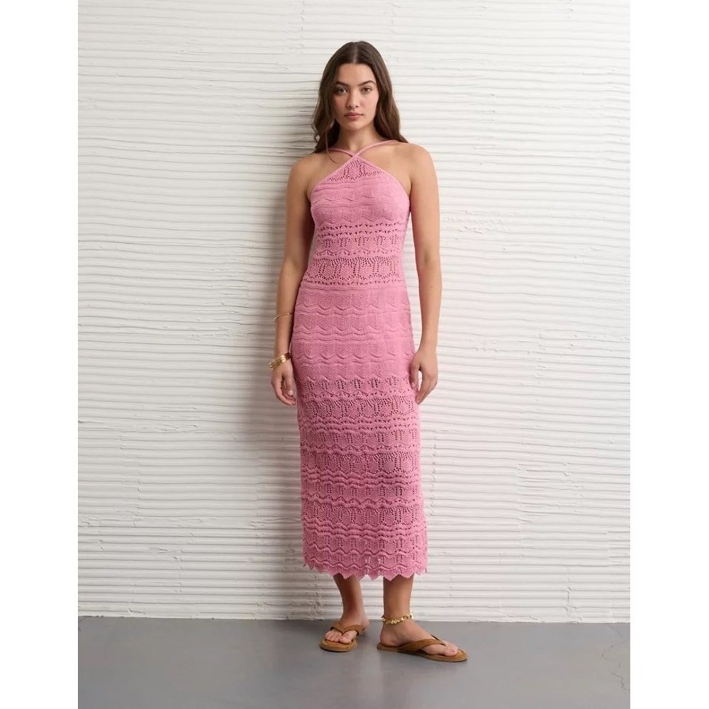 American Eagle Pink Crochet Halter Midi Dress XS